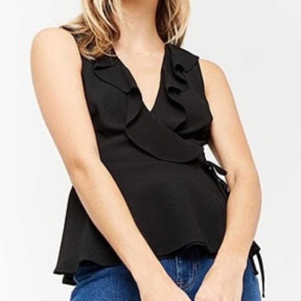 F21 Black ruffle sleeveless wrap peplum blouse top
